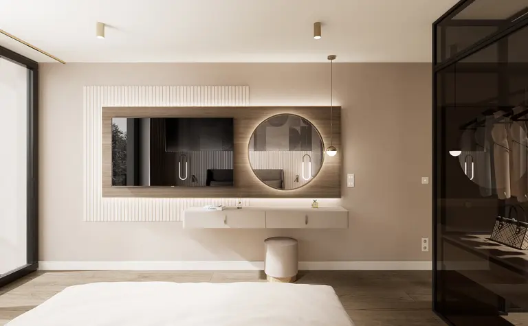 Wnętrze sypialni z minimalistycznym biurkiem i lustrem, nowoczesny design.