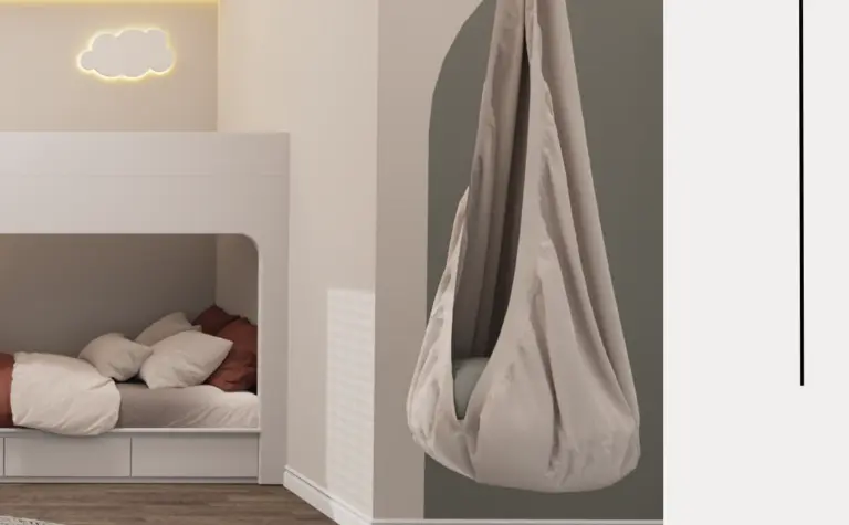 Pokój dziecięcy w stylu minimalistycznym z huśtawką, w pastelowych kolorach, soft minimalizm.