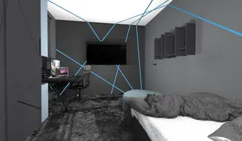 Wnętrze pokoju z biurkiem, szarością i niebieskimi akcentami w stylu dopamine decor, industrialnym, nowoczesnym, współczesnym.