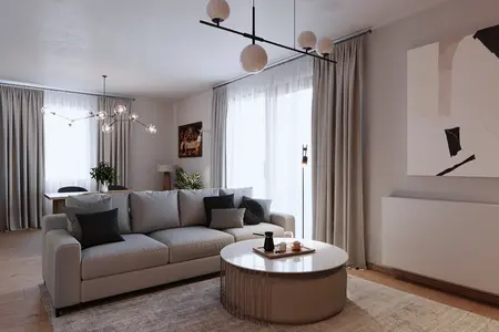 Wnętrze salonu w stylu eklektycznym i minimalistycznym z jasnymi zasłonami i sofą.