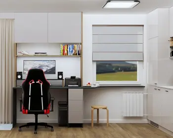 Wnętrze biura w stylu eklektycznym i minimalistycznym z nowoczesnym biurkiem