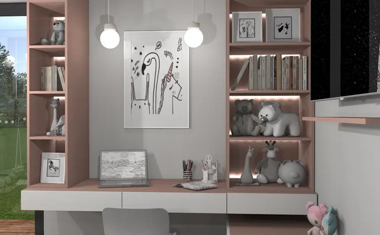 Wnętrze pokoju dziecięcego z biurkiem, różowymi akcentami, styl dopamine decor, industrialny, nowoczesny.