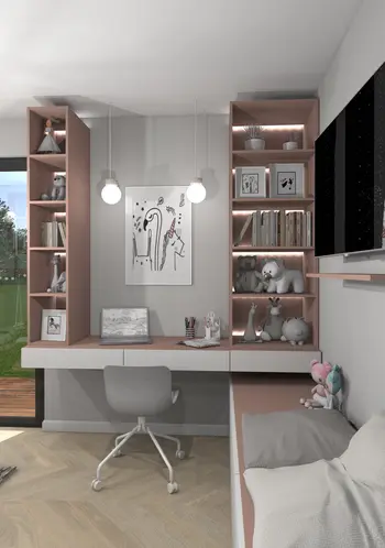 Wnętrze pokoju dziecięcego z biurkiem, różowymi akcentami, styl dopamine decor, industrialny, nowoczesny.