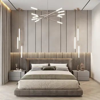 Sypialnia w stylu minimalistycznym z nowoczesnym oświetleniem i drewnianymi detalami