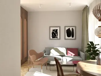 Wnętrze salonu w stylu soft minimalizm z vintage akcentami.