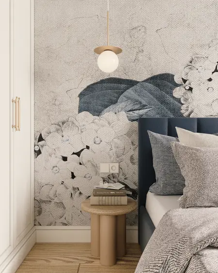 Wnętrze sypialni w stylu eklektycznym z nowoczesnymi detalami.