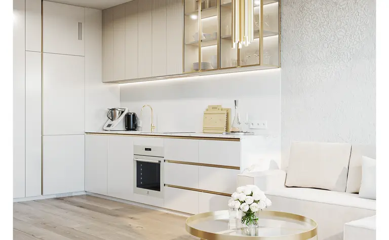 Nowoczesna kuchnia minimalistyczna z białymi meblami i złotymi detalami, styl glamour.