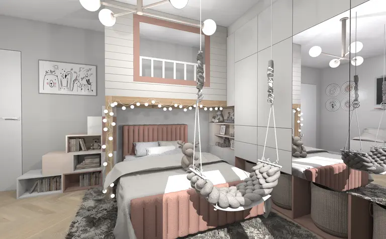 Wnętrze pokoju dziecięcego z różową kanapą i szarym dywanem, styl dopamine decor, industrialny, nowoczesny, współczesny.