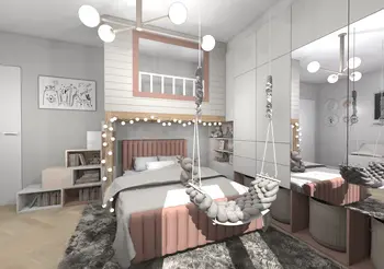 Wnętrze pokoju dziecięcego z różową kanapą i szarym dywanem, styl dopamine decor, industrialny, nowoczesny, współczesny.