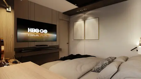 Wnętrze sypialni z telewizorem, jasnymi meblami i nowoczesnym designem.