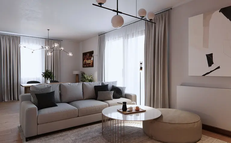 Wnętrze salonu w stylu eklektycznym i minimalistycznym z jasnymi zasłonami oraz nowoczesnym oświetleniem.