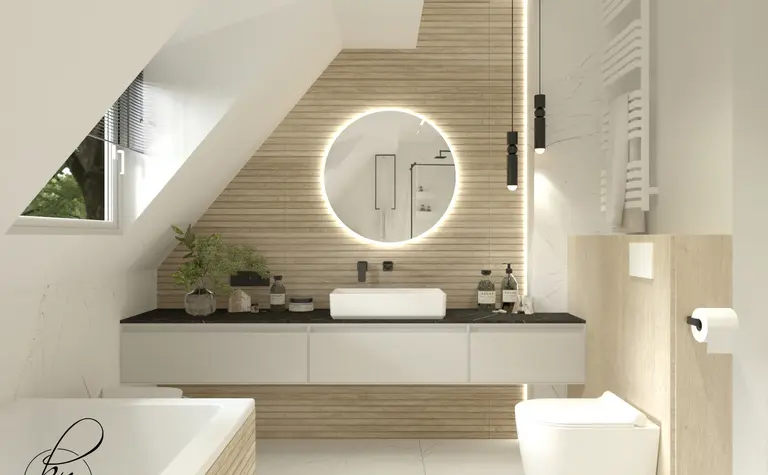 Nowoczesna łazienka minimalistyczna z drewnianymi detalami i okrągłym lustrem