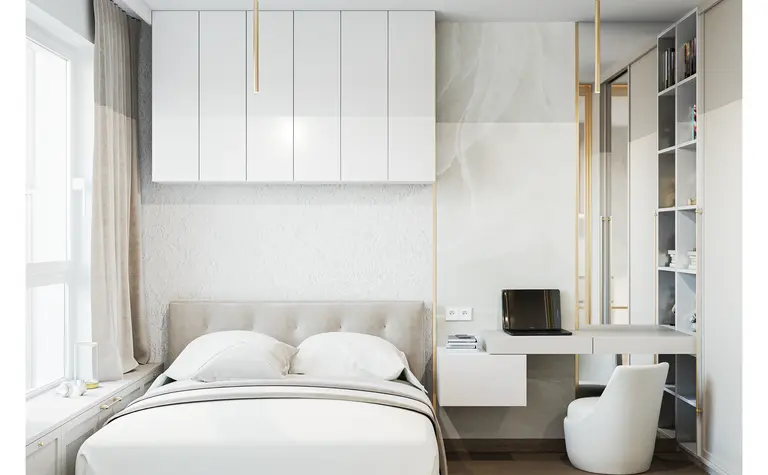 Sypialnia minimalistyczna z białymi meblami, glamour i nowoczesnym biurkiem.