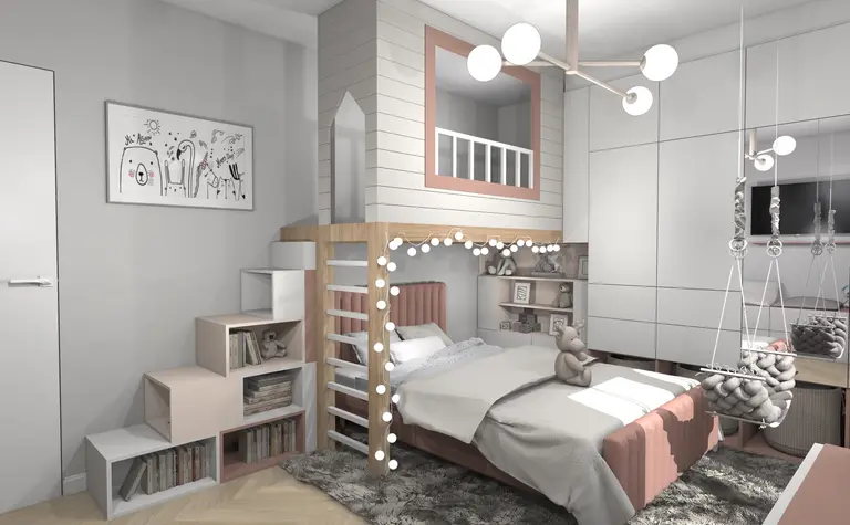 Pokój dziecięcy z łóżkiem, regałem i dekoracjami w stylu dopamine decor, industrialnym, nowoczesnym, współczesnym.