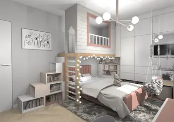 Pokój dziecięcy z łóżkiem, regałem i dekoracjami w stylu dopamine decor, industrialnym, nowoczesnym, współczesnym.