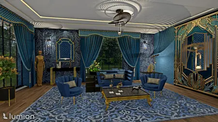 Salon w stylu art deco z niebieskimi sofami i złotymi detalami.