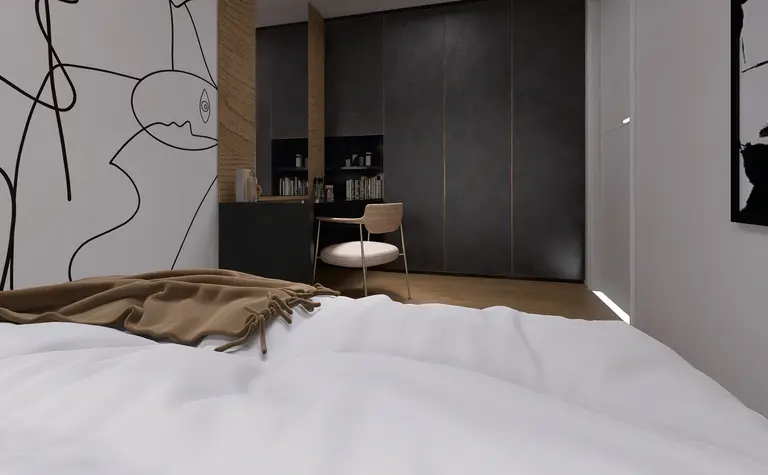 Wnętrze sypialni z białym łóżkiem, ciemnymi meblami, industrialnymi detalami.