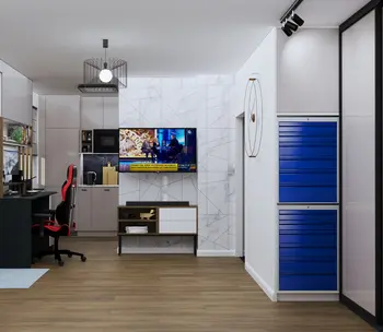 Wnętrze gabinetu w stylach eklektycznym i minimalistycznym z biurkiem, telewizorem i niebieskimi akcentami.