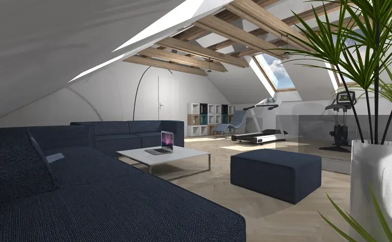 Wnętrze poddasza z niebieską sofą, drewnianymi akcentami i roślinami, styl dopamine decor, industrialny, nowoczesny, współczesny.