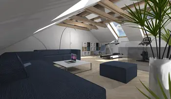 Wnętrze poddasza z niebieską sofą, drewnianymi akcentami i roślinami, styl dopamine decor, industrialny, nowoczesny, współczesny.
