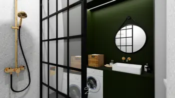 Wnętrze łazienki w stylu industrialnym i minimalistycznym z zieloną ścianą i białą umywalką.