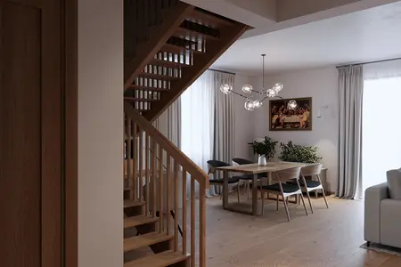 Wnętrze jadalni w stylu eklektycznym i minimalistycznym z drewnianym stołem i roślinami.
