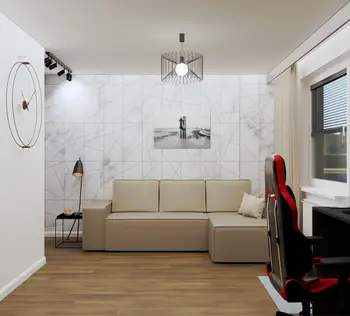 Wnętrze salonu w stylu eklektycznym z beżową sofą i nowoczesnymi akcentami.