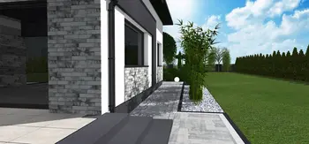 Zewnętrzny taras z minimalistycznym ogrodem w stylu japandi, industrialnym i nowoczesnym.