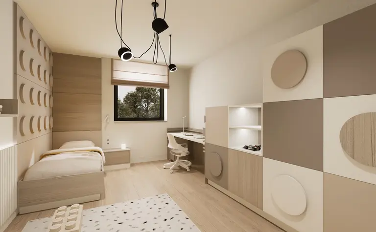 Pokój dziecięcy z minimalistycznym wystrojem, biurkiem i jasnymi kolorami.