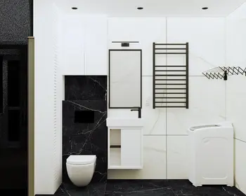Nowoczesna łazienka w stylu minimalistycznym z białymi meblami i czarnymi detalami.