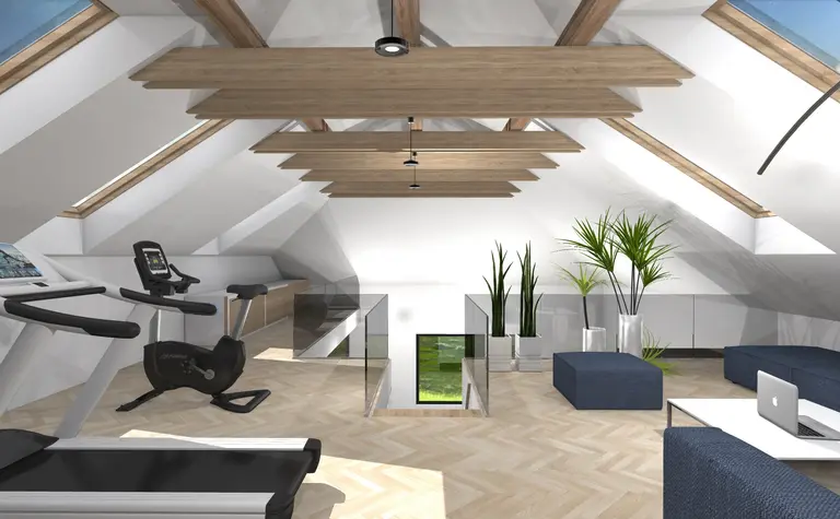 Poddasze z roślinami, nowoczesnym sprzętem fitness i industrialnym wystrojem.