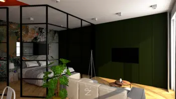 Wnętrze salonu z zieloną ścianą, minimalistycznymi meblami i roślinnością, styl industrialny i rustykalny.