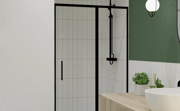 Nowoczesna łazienka z prysznicem, drewnianą umywalką i zieloną ścianą. Styl minimalistyczny.
