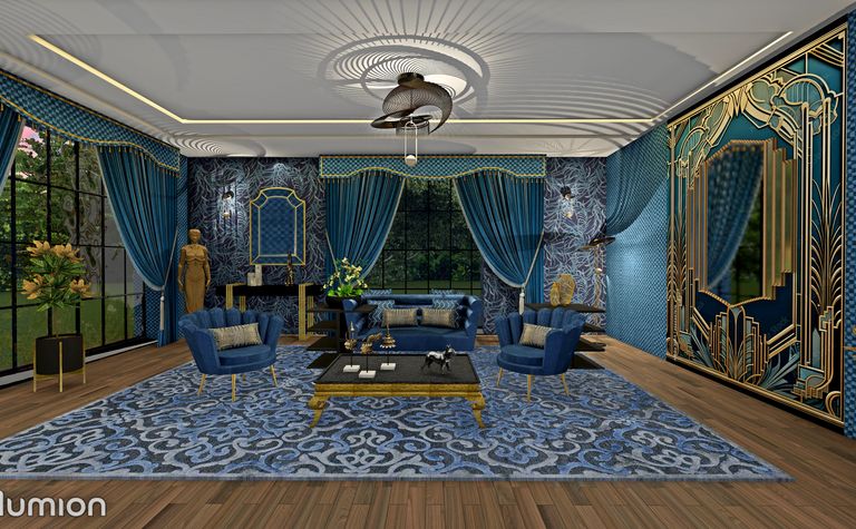 Wnętrze salonu w stylu art deco z niebieskimi meblami, złotymi detalami i eleganckimi zasłonami.