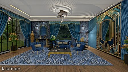 Wnętrze salonu w stylu art deco z niebieskimi meblami, złotymi detalami i eleganckimi zasłonami.