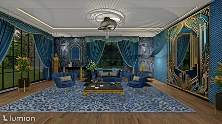 Wnętrze salonu w stylu art deco z niebieskimi meblami, złotymi detalami i eleganckimi zasłonami.