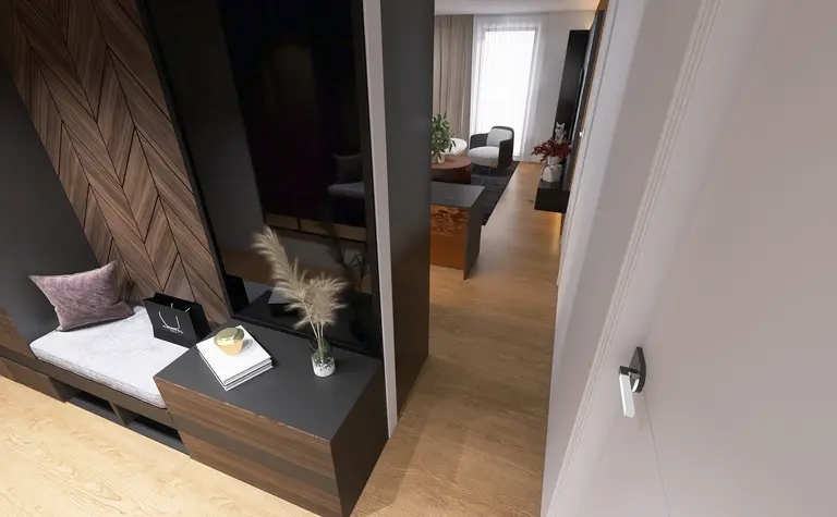 Nowoczesny korytarz z drewnianą ścianą i minimalistycznym wystrojem, industrialne akcenty.