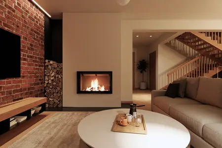 Wnętrze salonu w stylu eklektycznym z kominkiem, cegłą i drewnem.