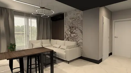Salon z jasną sofą, drewnianym stołem i rośliną w doniczce, nowoczesny design