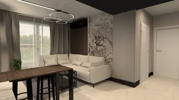 Salon z jasną sofą, drewnianym stołem i rośliną w doniczce, nowoczesny design