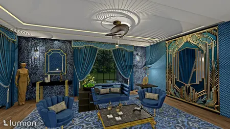 Wnętrze salonu w stylu art deco z niebieskimi zasłonami, złotymi detalami i eleganckim oświetleniem.