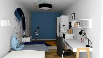 Pokój dziecięcy z niebieską ścianą, biurkiem i teleskopem. Styl nowoczesny.