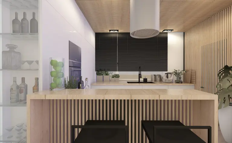 Wnętrze kuchni w stylu industrialnym, nowoczesnym i współczesnym z drewnianymi elementami.