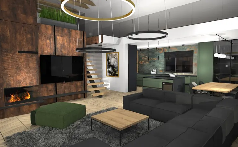 Wnętrze salonu z elementami dopamine decor i industrialnym stylem. Nowoczesne meble.