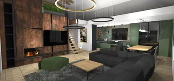 Wnętrze salonu z elementami dopamine decor i industrialnym stylem. Nowoczesne meble.