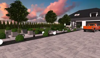 Wizualizacja ogrodu z roślinami, betonowymi donicami i nowoczesnym oświetleniem w stylach industrialnym i japandi.