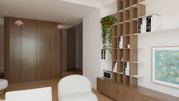 Wnętrze salonu w stylach art deco, eklektycznym, vintage, z drewnianymi meblami i roślinami.