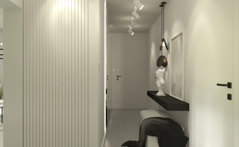 Przedpokój w stylu minimalistycznym z białymi ścianami i czarnymi detalami.