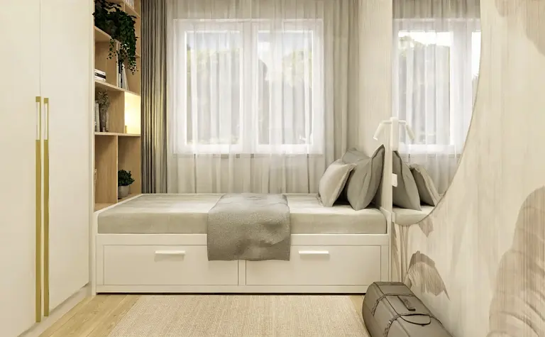 Sypialnia w stylu japandi, minimalistycznym i nowoczesnym z jasnymi meblami.