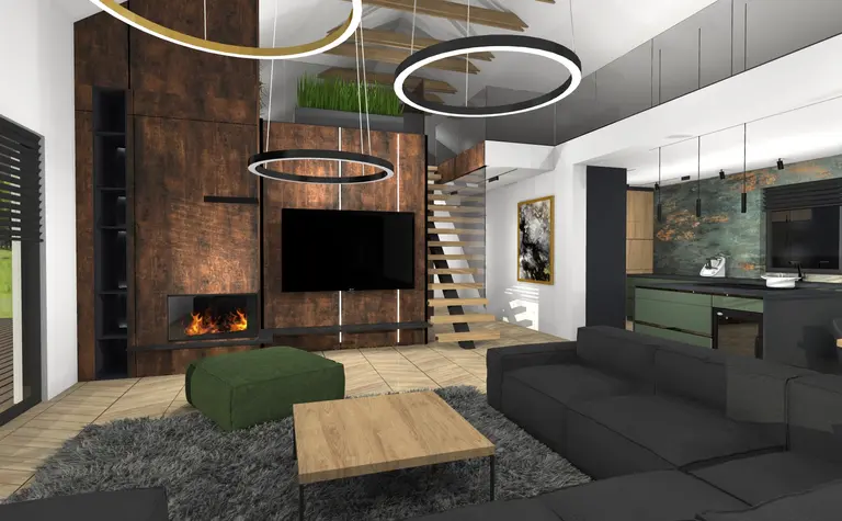Wnętrze z drewnianą ścianą, nowoczesne oświetlenie i zielonym akcentem w stylu dopamine decor, industrialnym.